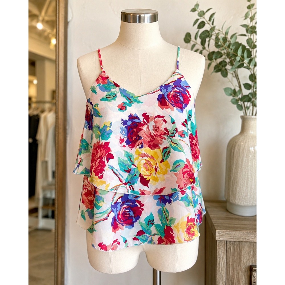Vintage Y2K Vestique Watercolor Floral Layered Ruffle Cami Tank Top | Small
